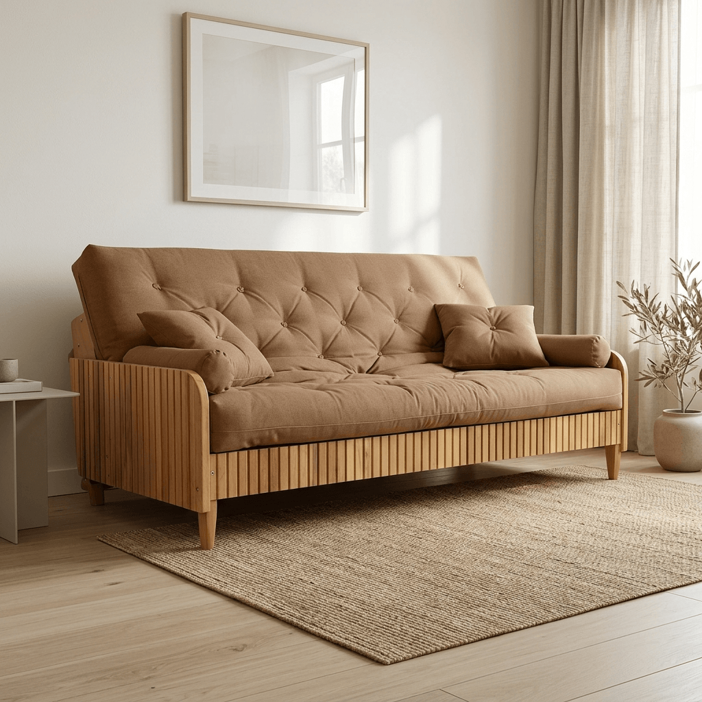 Sofá Cama Casal Futon Paris II Ripado Acquablock Madeira Maciça Natural - Fendi