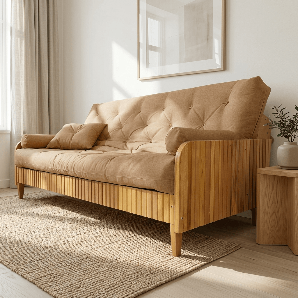 Sofá Cama Casal Futon Paris II Ripado Acquablock Madeira Maciça Natural - Fendi