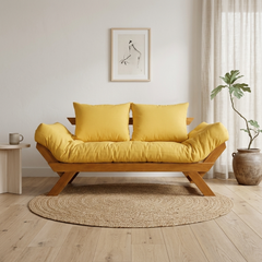 Sofá Cama Futon Reclinável Japão D33 - Madeira Nobre Natural Tecido Acquablock Amarelo