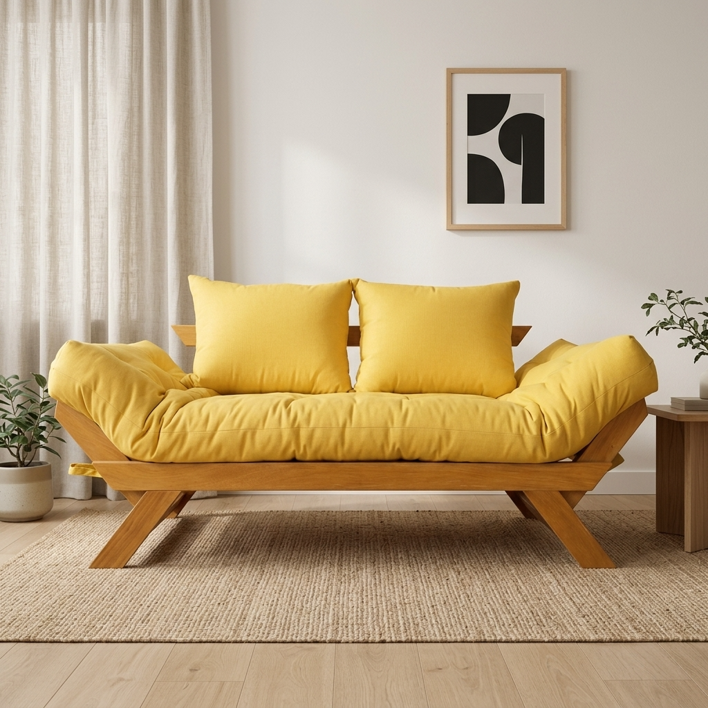 Sofá Cama Reclinável Futon Japão - Madeira Cor Mel Tecido Acquablock Amarelo