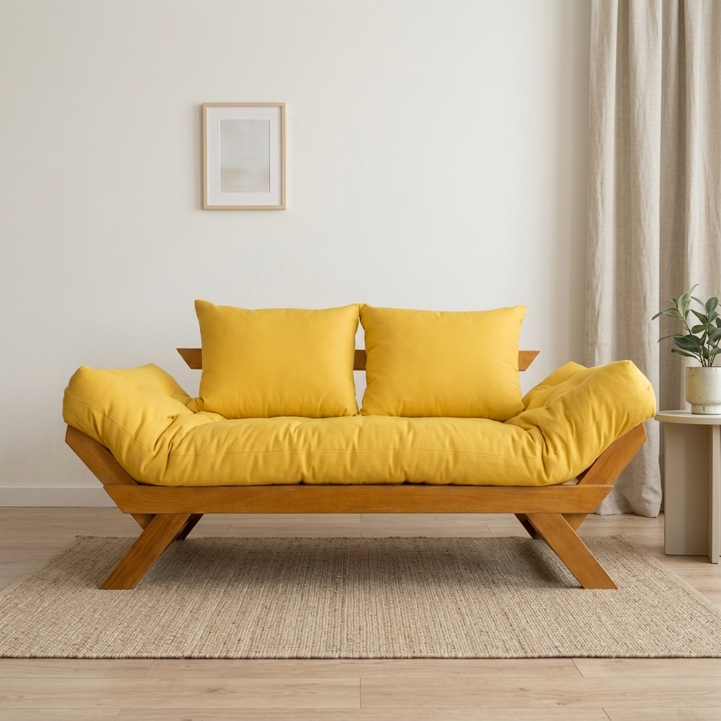 Sofá Cama Reclinável Futon Japão - Madeira Cor Mel Tecido Acquablock Amarelo