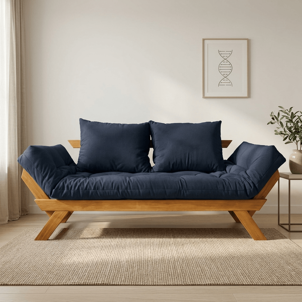 Sofá Cama Futon Reclinável Japão D33 - Madeira Nobre Mel Tecido Acquablock Cor Azul Royal