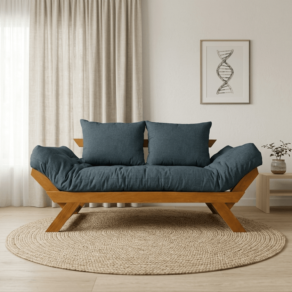 Sofá Cama Futon Reclinável Japão D33 - Madeira Nobre Natural Tecido Acquablock Verde Oliva
