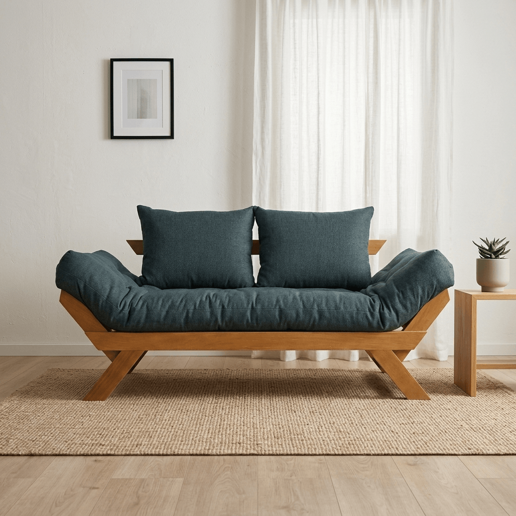 Sofá Cama Futon Reclinável Japão D33 - Madeira Nobre Natural Tecido Acquablock Verde Oliva