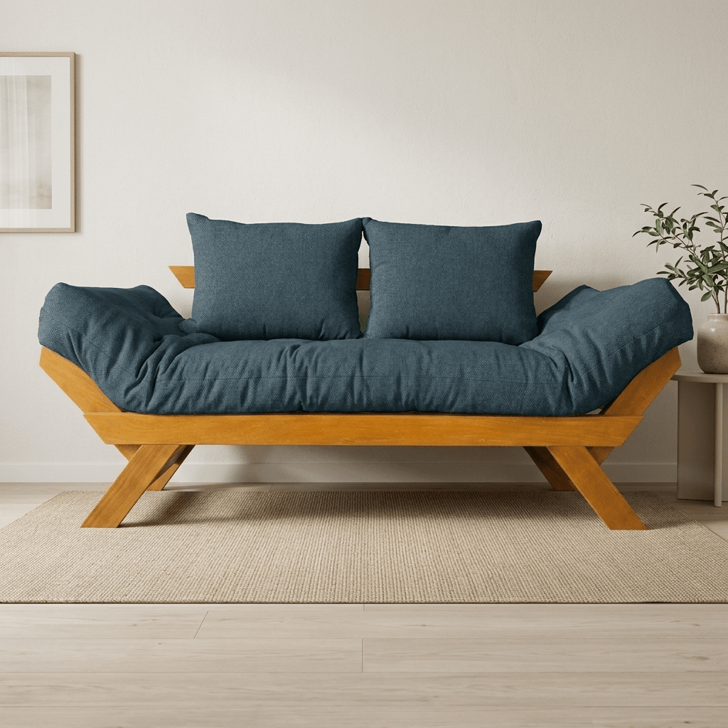 Sofá Cama Futon Reclinável Japão D33 - Madeira Nobre Mel Tecido Acquablock Cor Verde Oliva