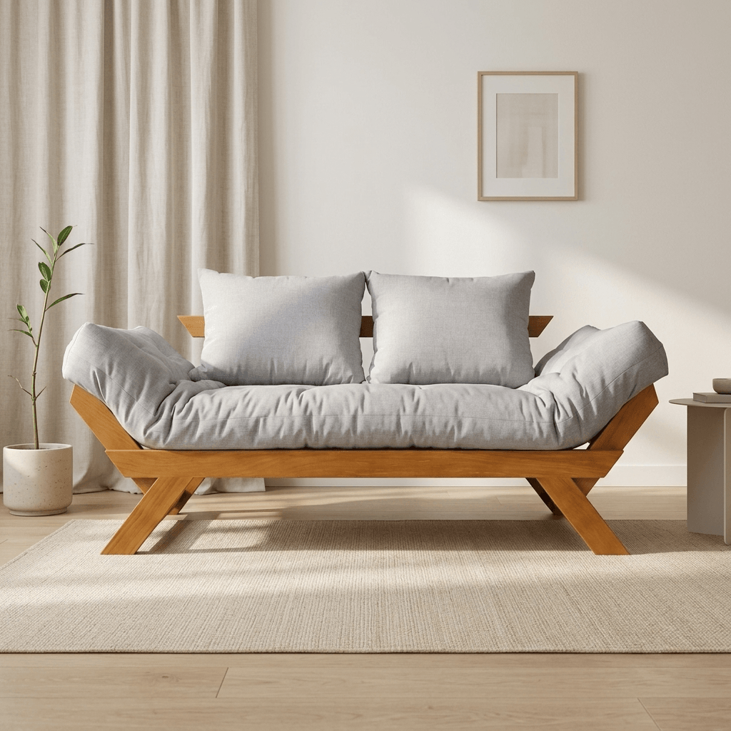 Sofá Cama Futon Reclinável Japão D33  - Madeira Nobre Natural Tecido Acquablock Cinza Linho
