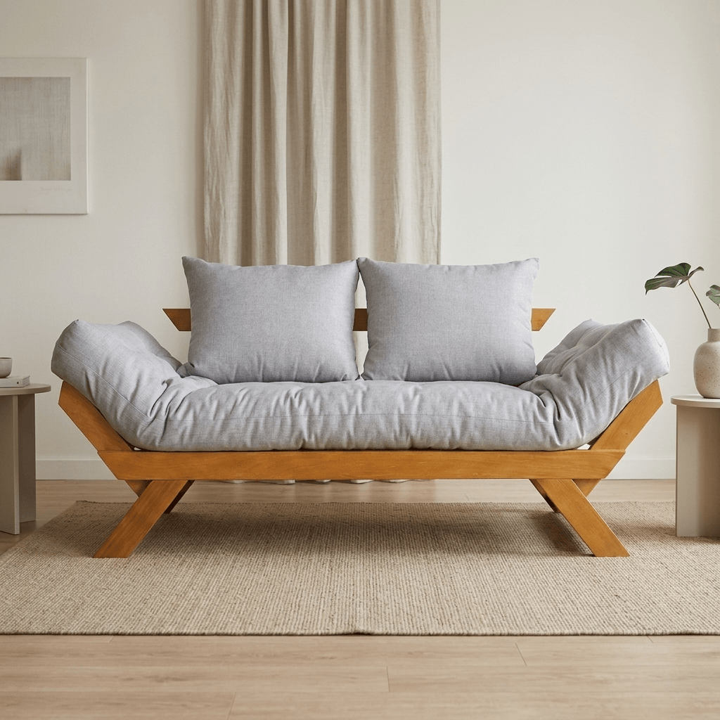 Sofá Cama Futon Reclinável Japão D33  - Madeira Nobre Mel Tecido Acquablock Cor Cinza Linho