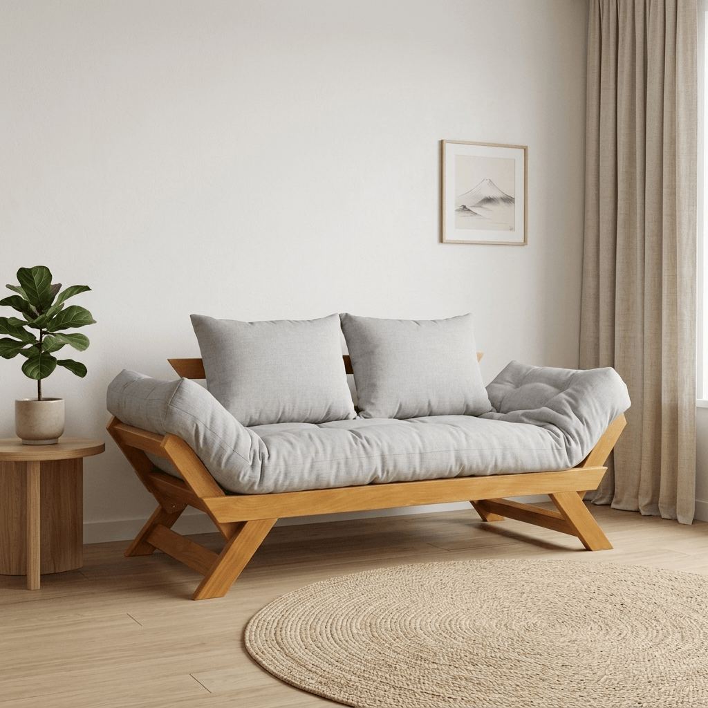 Sofá Cama Futon Reclinável Japão D33  - Madeira Nobre Natural Tecido Acquablock Cinza Linho