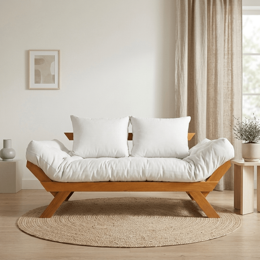 Sofá Cama Futon Reclinável Japão D33 - Madeira Nobre Mel Tecido Acquablock Cor Branco Off