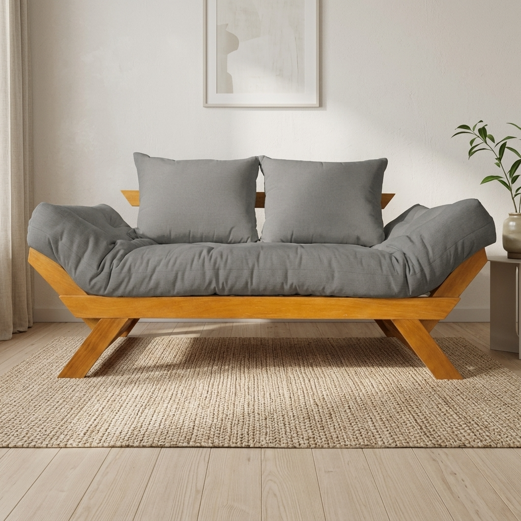 Sofá Cama Futon Reclinável Japão D33 - Madeira Nobre Natural Tecido Acquablock Chumbo