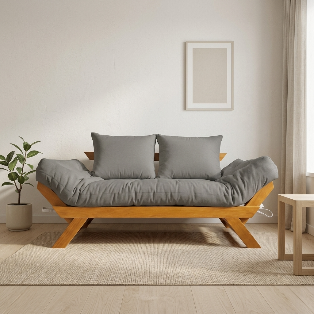 Sofá Cama Futon Reclinável Japão D33 - Madeira Nobre Mel Tecido Acquablock Cor Chumbo