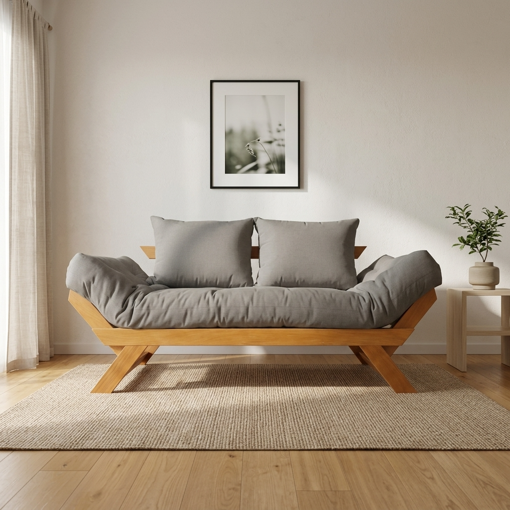 Sofá Cama Futon Reclinável Japão D33 - Madeira Nobre Natural Tecido Acquablock Chumbo