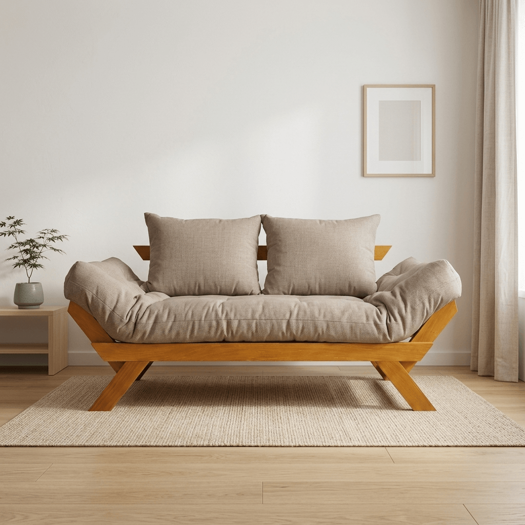 Sofá Cama Futon Reclinável Japão D33 - Madeira Nobre Mel Tecido Acquablock Cor Fendi