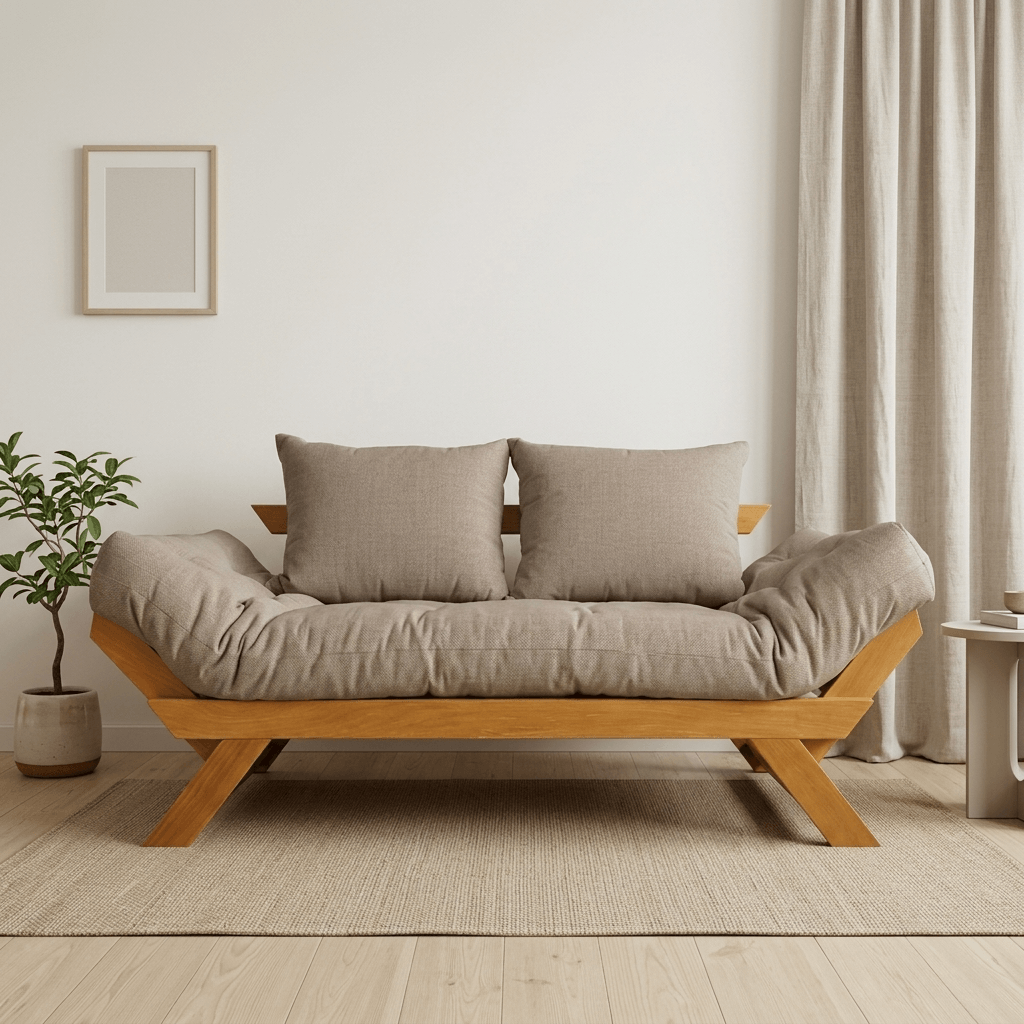 Sofá Cama Futon Reclinável Japão D33 - Madeira Nobre Natural Tecido Acquablock Fendi