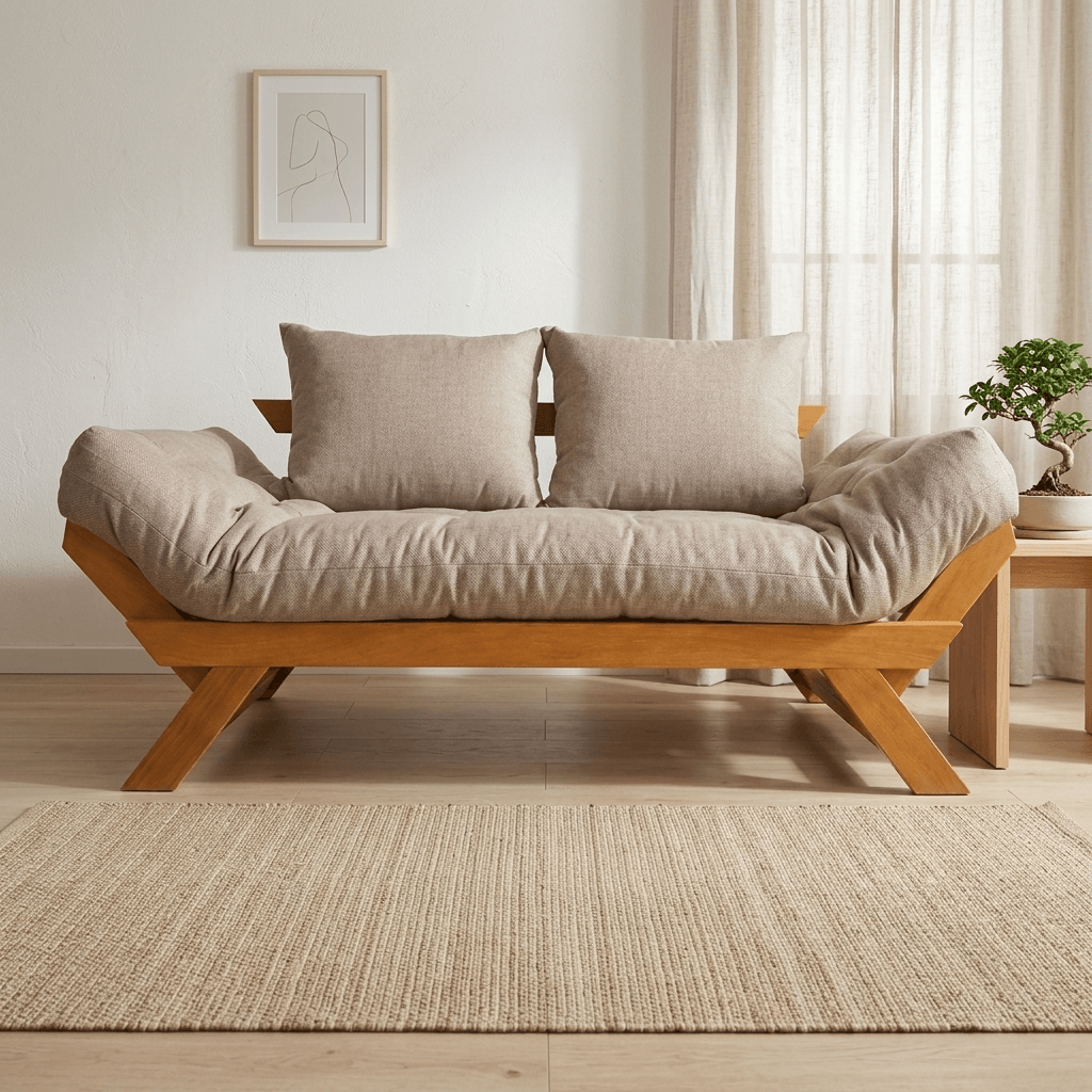 Sofá Cama Futon Reclinável Japão D33 - Madeira Nobre Natural Tecido Acquablock Fendi