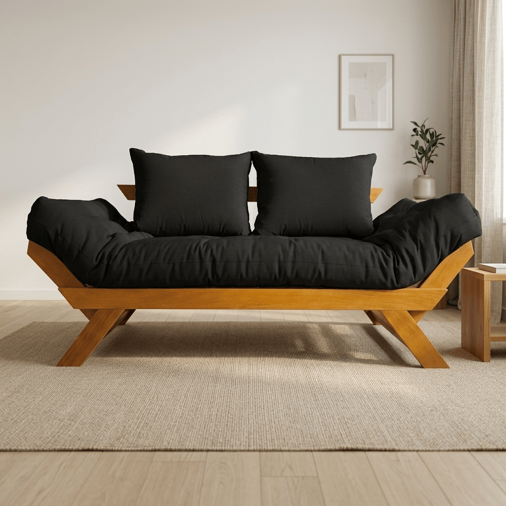 Sofá Cama Futon Reclinável Japão D33- Madeira Nobre Mel Tecido Acquablock Cor Preto