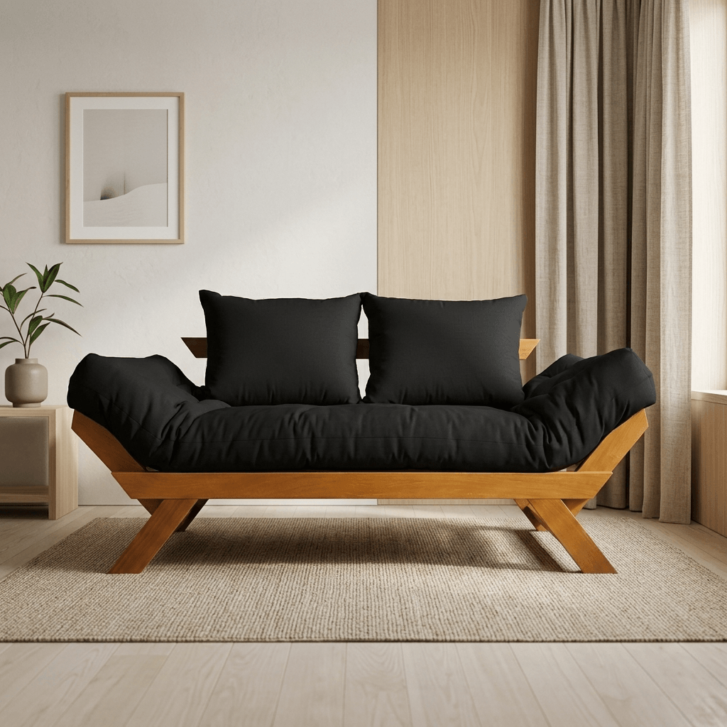Sofá Cama Futon Reclinável Japão D33- Madeira Nobre Natural Tecido Acquablock Preto
