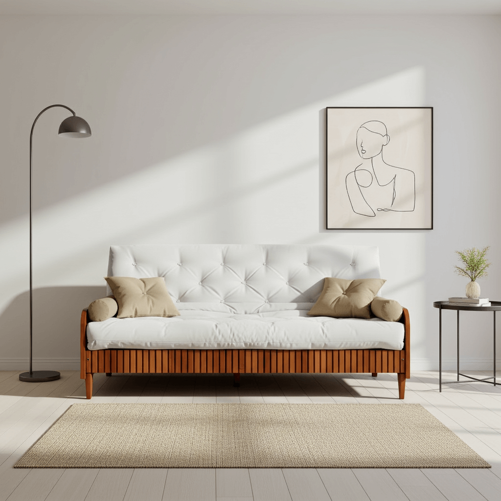 Sofá De Madeira Nobre Ripado Mel Futon Paris - Tecido Acquablock Branco Off