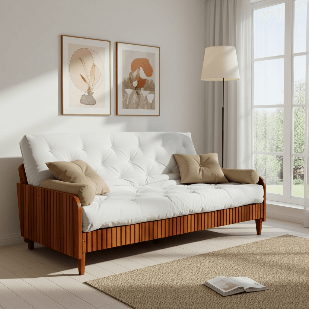 Sofá De Madeira Nobre Ripado Mel Futon Paris - Tecido Acquablock Branco Off