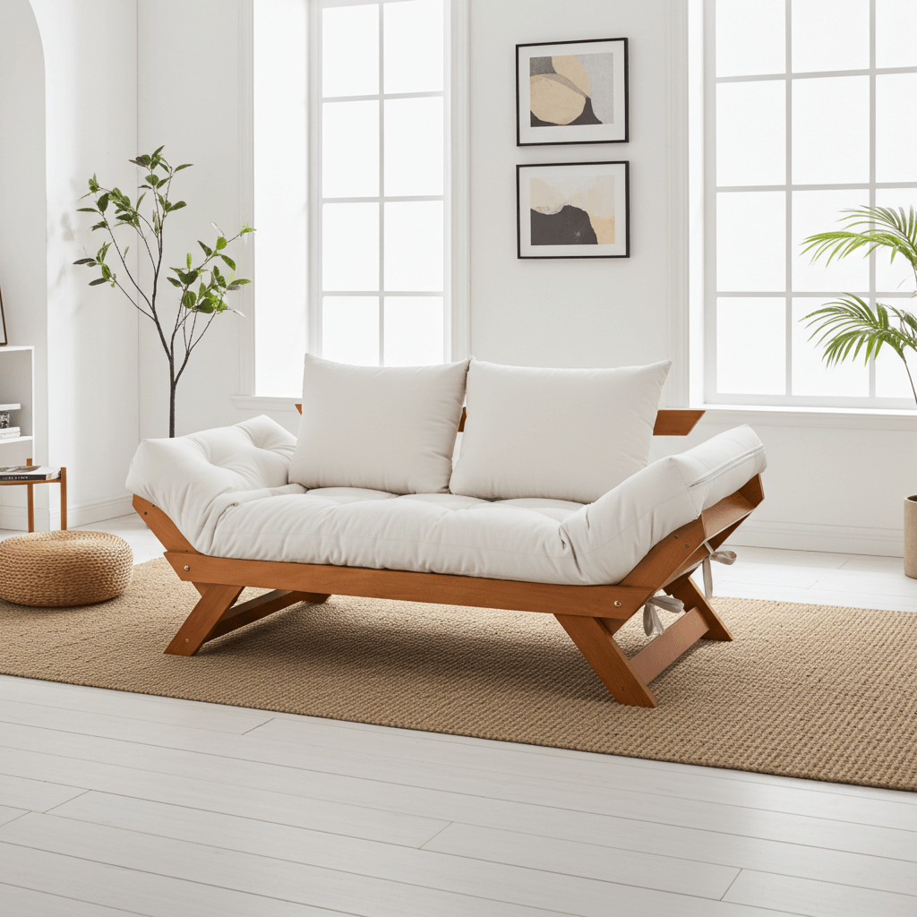 Sofá Cama Reclinável Futon Japão - Madeira Cor Mel Tecido Acquablock Branco Off