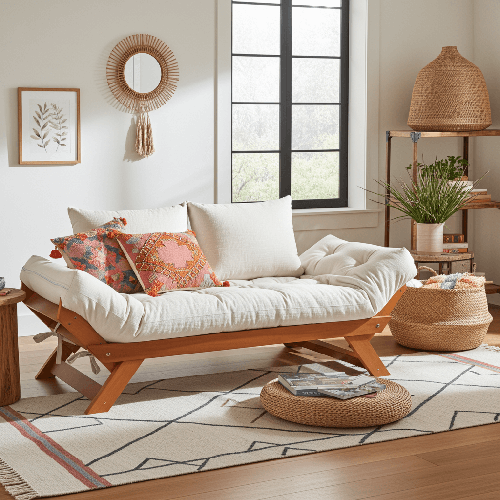 Sofá Cama Reclinável Futon Japão - Madeira Cor Mel Tecido Acquablock Branco Off