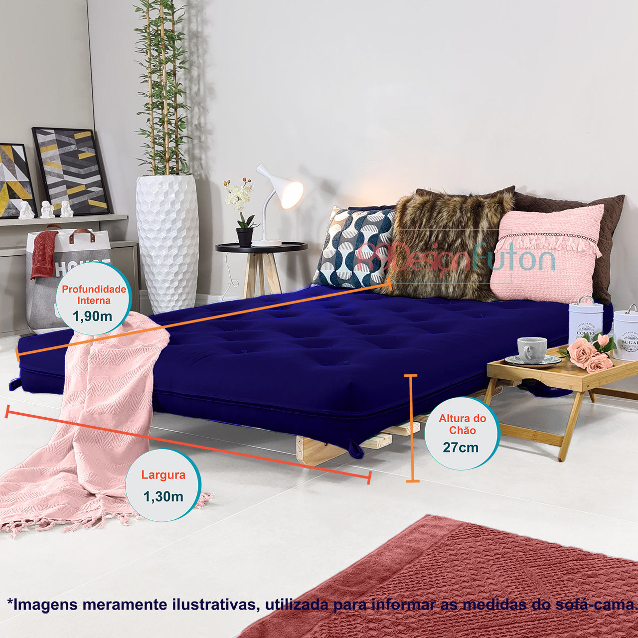 Sofa Cama Casal Futon Oriental Madeira Maciça Acquablock Azul Royal