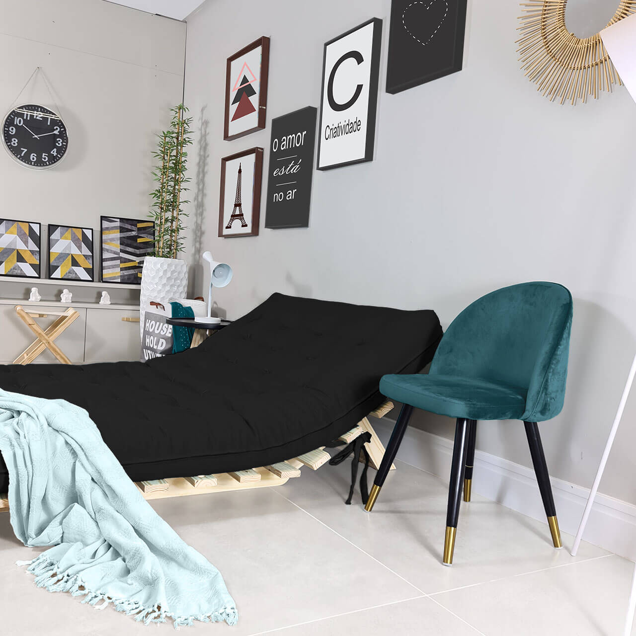 Sofa Cama Casal Futon Oriental Madeira Maciça Sarja Preto