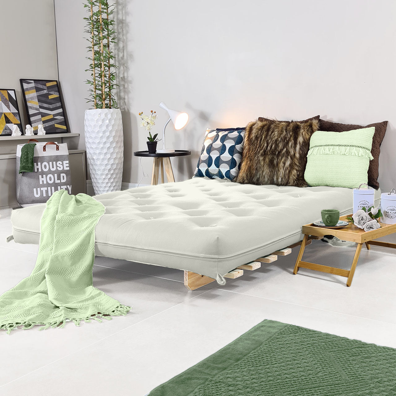 Sofa Cama Casal Futon Oriental  Madeira Maciça Acquablock Branco Off