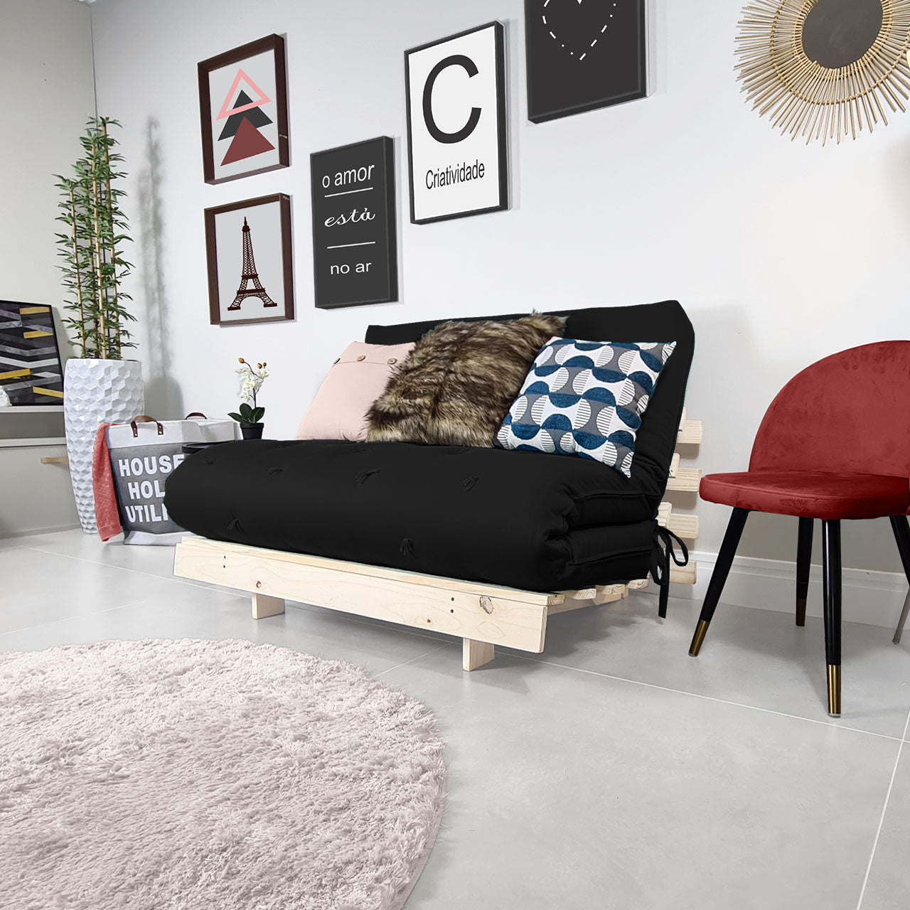Sofá Cama Casal Futon Tokio D33 Madeira Pinus Natural - Preto
