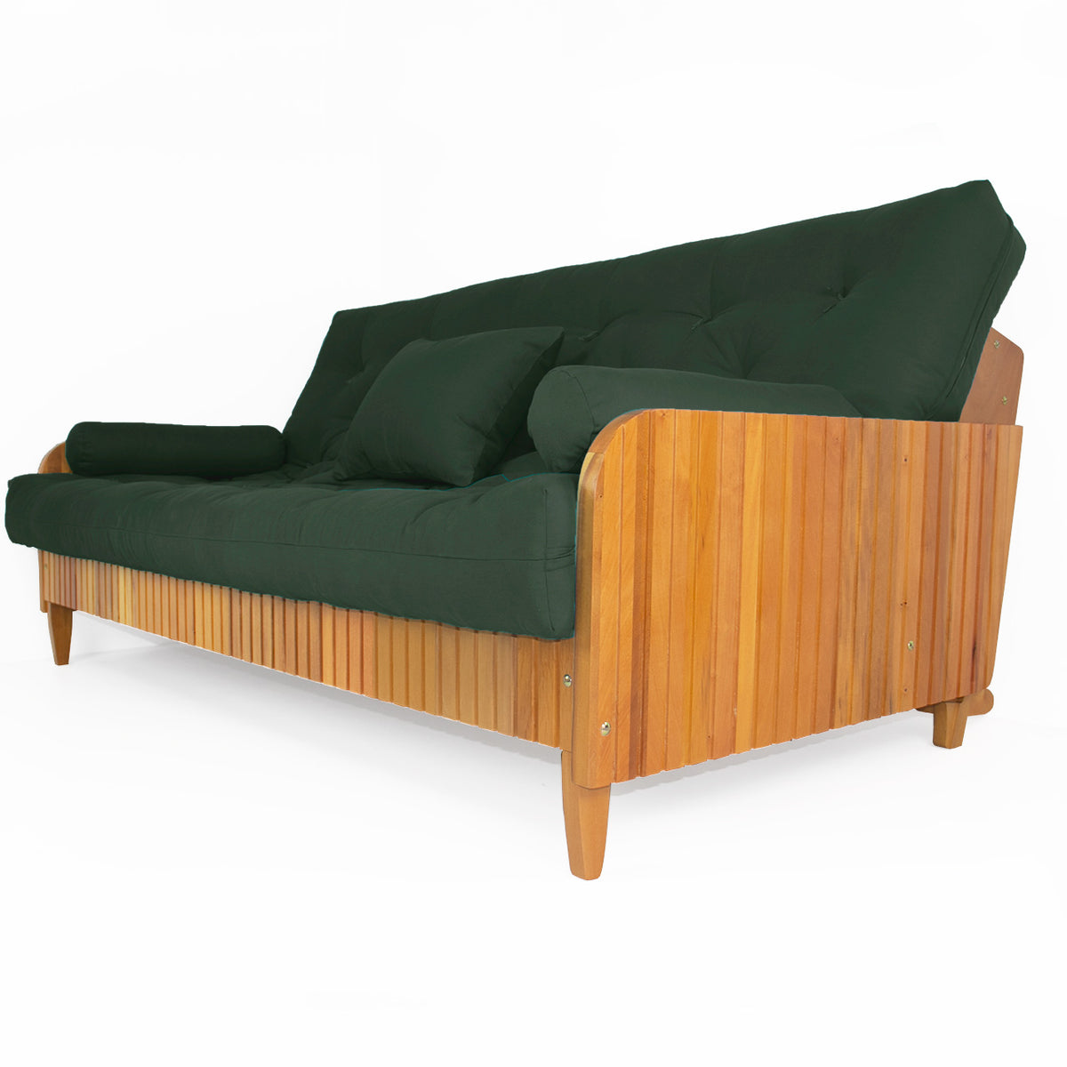 Sofá De Madeira Nobre Ripado Mel Futon Paris - Tecido Sarja 100% Algodão Cor Verde Militar