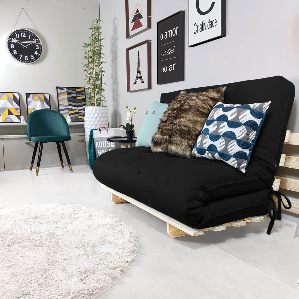 Sofa Cama Casal Futon Oriental Madeira Maciça Sarja Preto