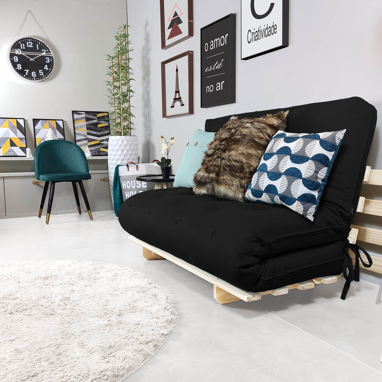 Sofa Cama Casal Futon Oriental Madeira Maciça Sarja Preto