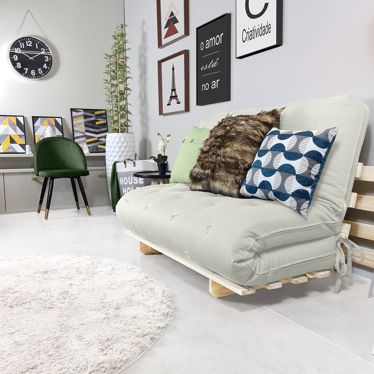 Sofa Cama Casal Futon Oriental  Madeira Maciça Acquablock Branco Off