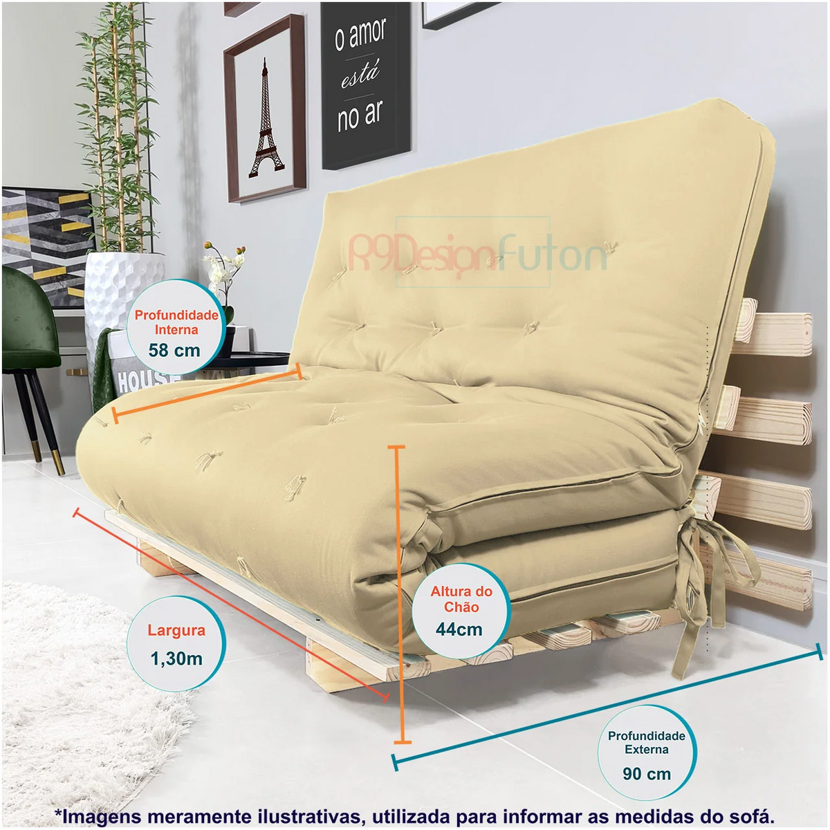 Sofá Cama Casal Futon Oriental D33 Madeira Cor Mel Acquablock Cinza Linho