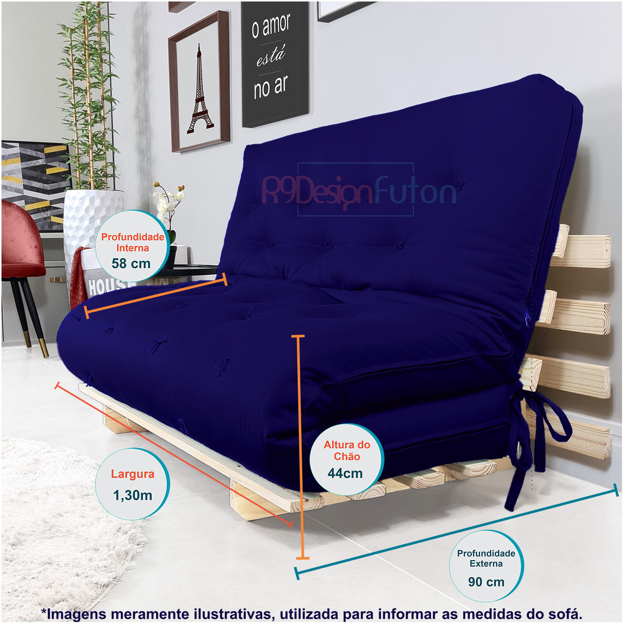 Sofa Cama Casal Futon Oriental Madeira Maciça Acquablock Azul Royal