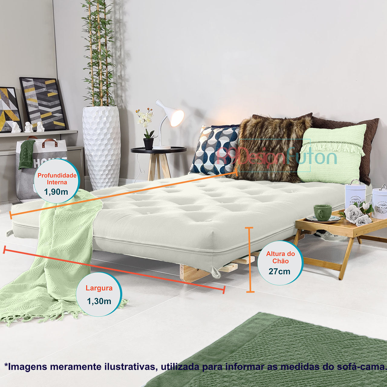 Sofa Cama Casal Futon Oriental  Madeira Maciça Acquablock Branco Off