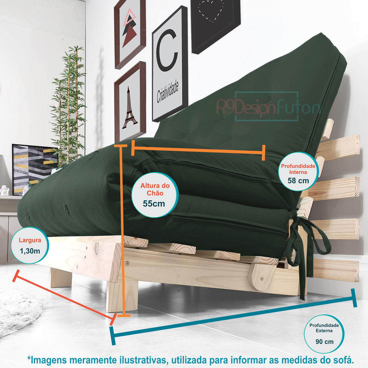 Sofá Cama Casal Futon Tokio D33 Madeira Pinus Natural - Verde Militar