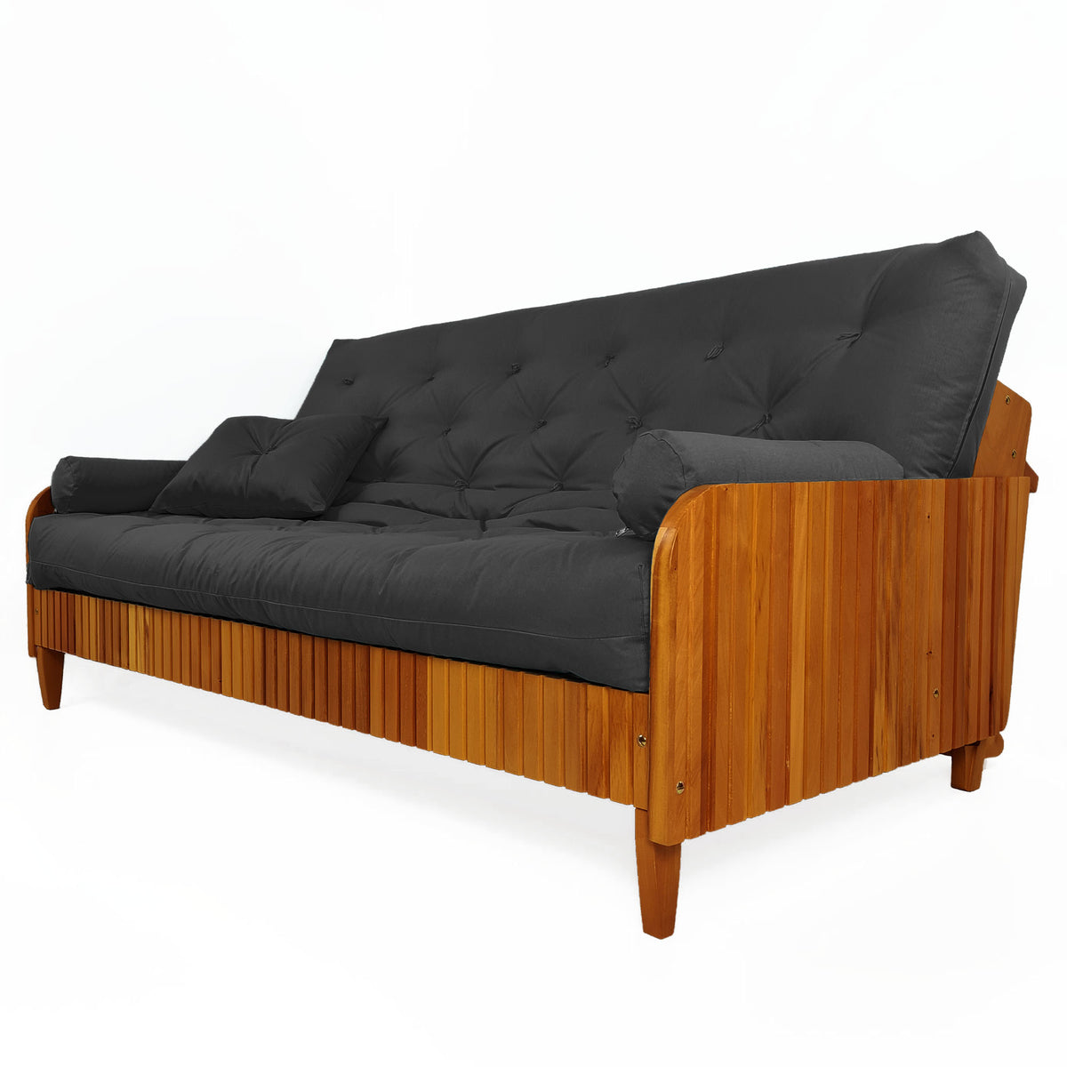 Sofá Cama Casal Futon Paris II Ripado Sarja em Madeira Maciça Natural - Cor Preto