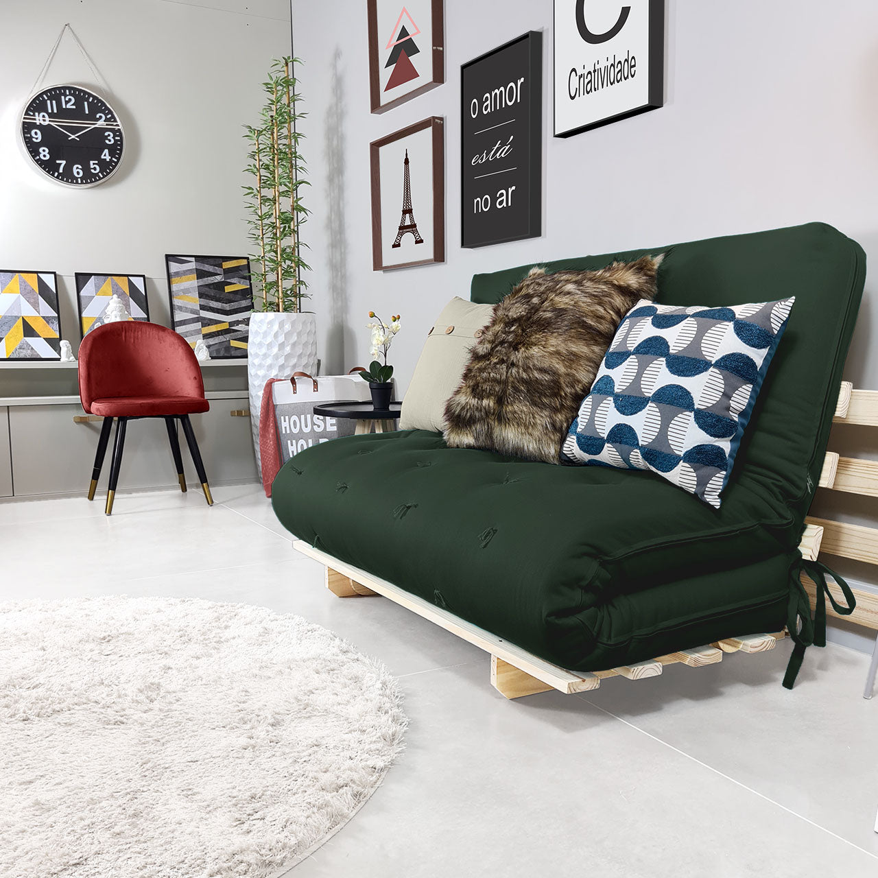 Sofa Cama Casal Futon Oriental D33 Com Madeira Maciça - Verde Militar