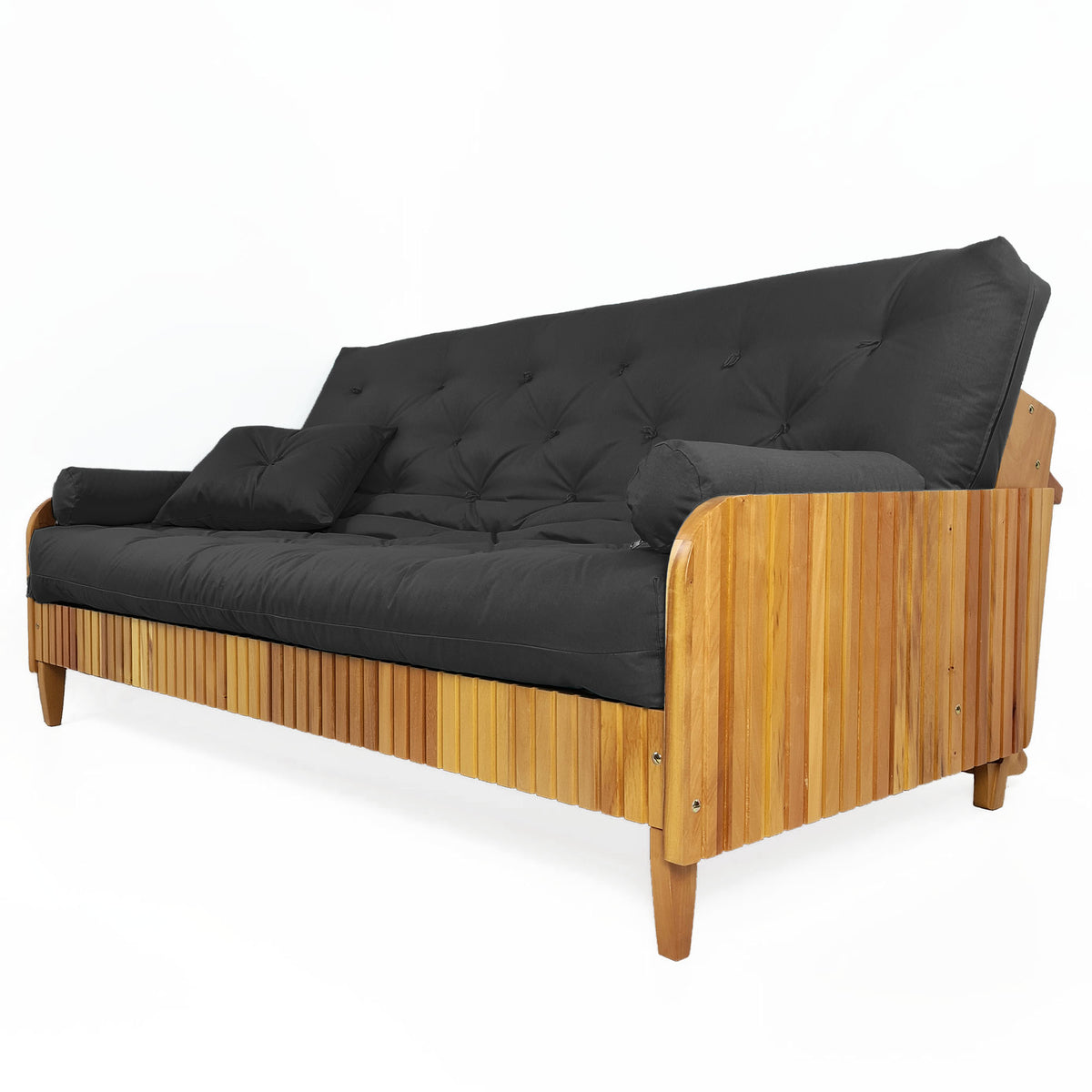 Sofá De Madeira Nobre Ripado Mel Futon Paris - Tecido Sarja 100% Algodão Cor Preto