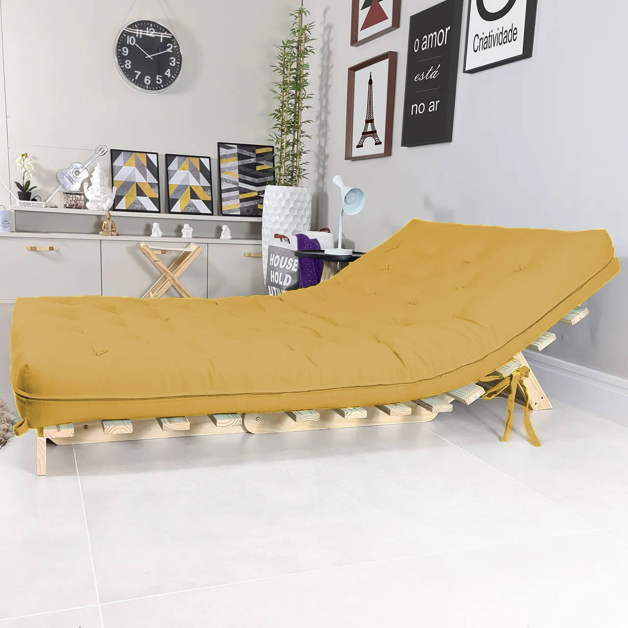 Sofa Cama Futon Casal Tokio Madeira Maciça Acquablock Amarelo