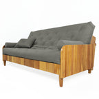 Sofá De Madeira Nobre Ripado Cor Mel Futon Paris - Tecido Sarja 100% Algodão Cinza