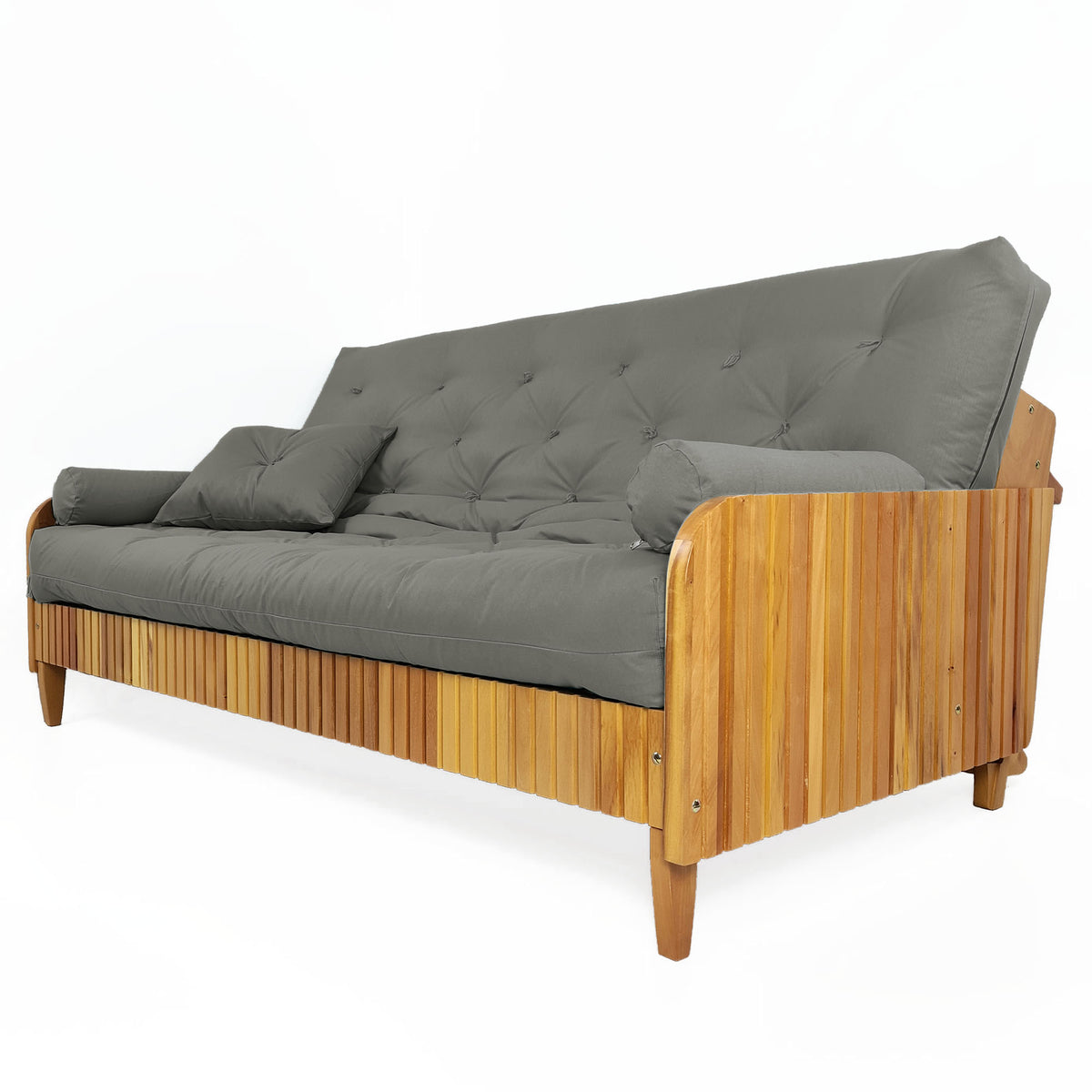 Sofá De Madeira Nobre Ripado Cor Mel Futon Paris - Tecido Sarja 100% Algodão Cinza