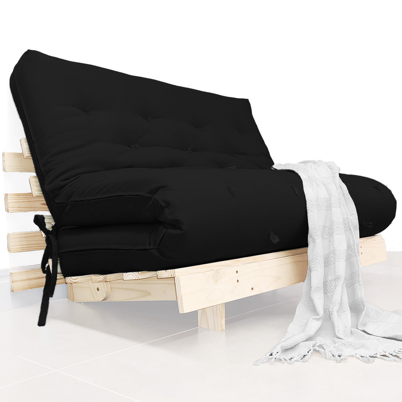 Sofá Cama Casal Futon Tokio D33 Madeira Pinus Natural - Preto