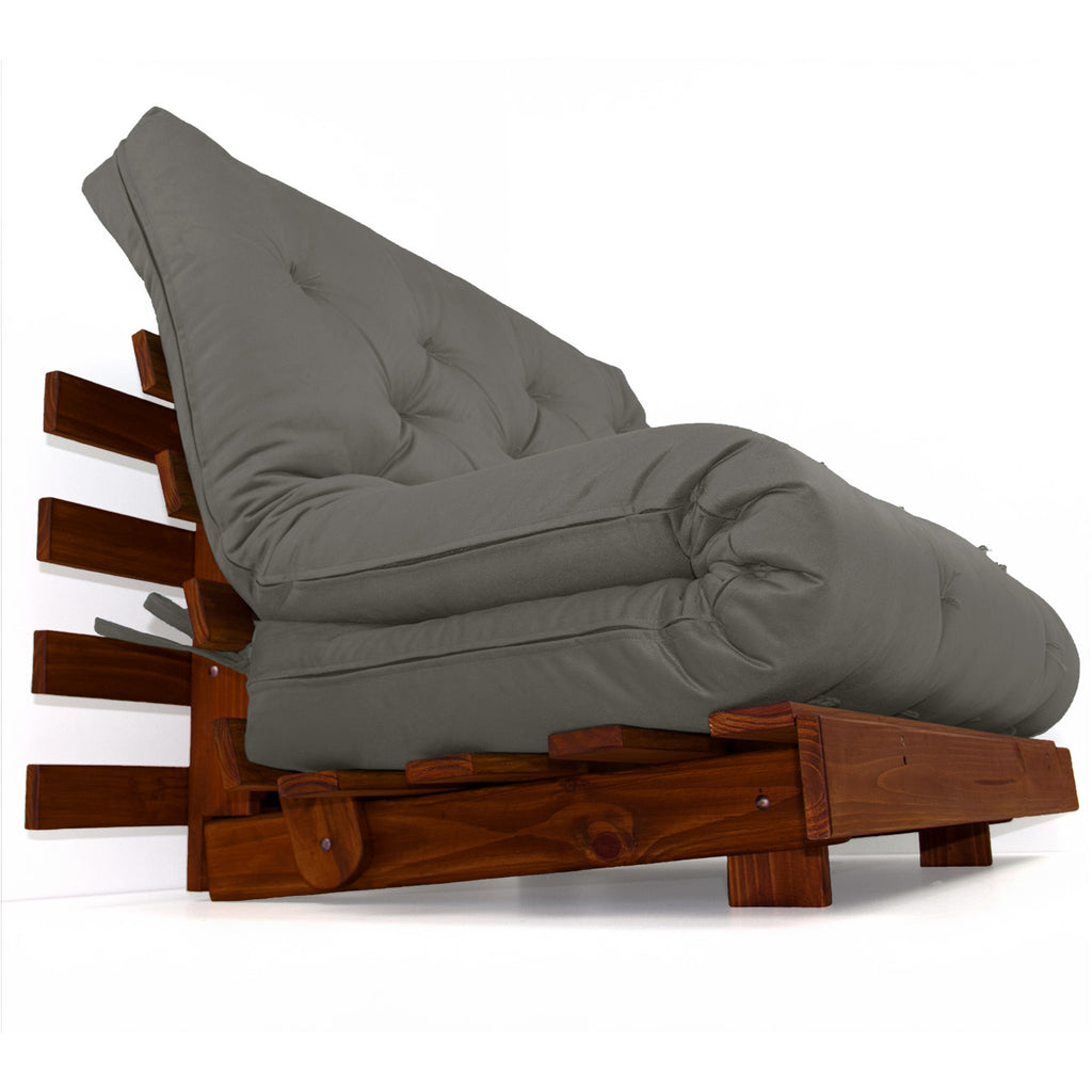 Sofá Cama Casal Futon Tokio Madeira Cor Imbuia Sarja Cinza