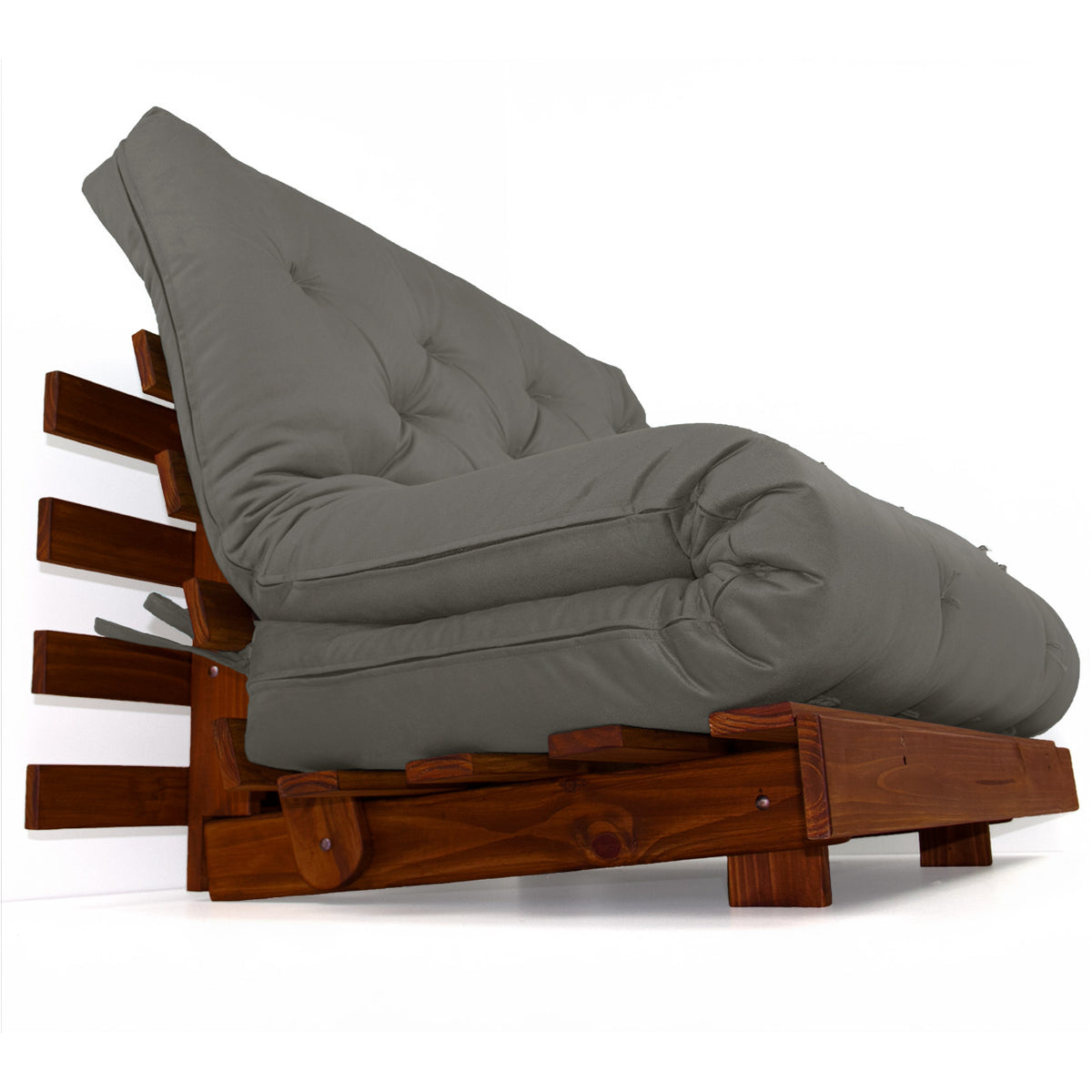 Sofá Cama Casal Futon Tokio - Madeira Cor Imbuia Tecido Sarja Cinza