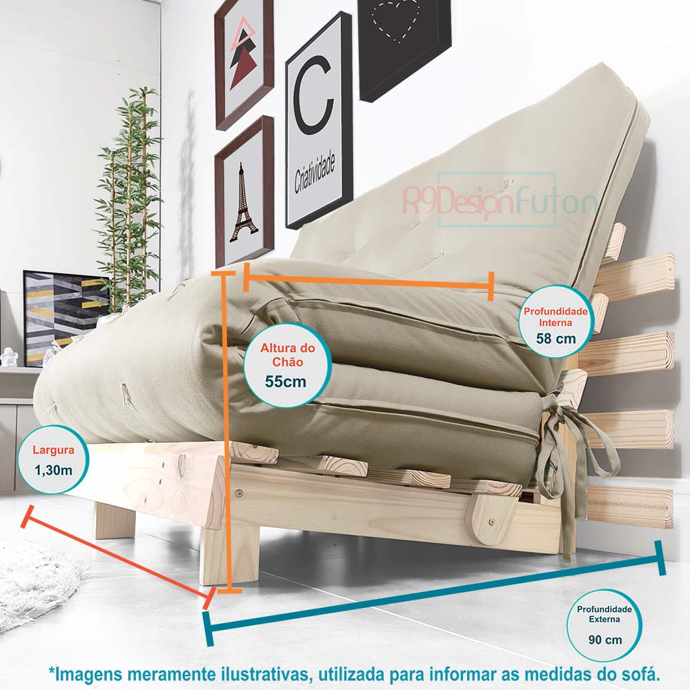 Sofa Cama Futon Casal Tokio Madeira Maciça Sarja Bege