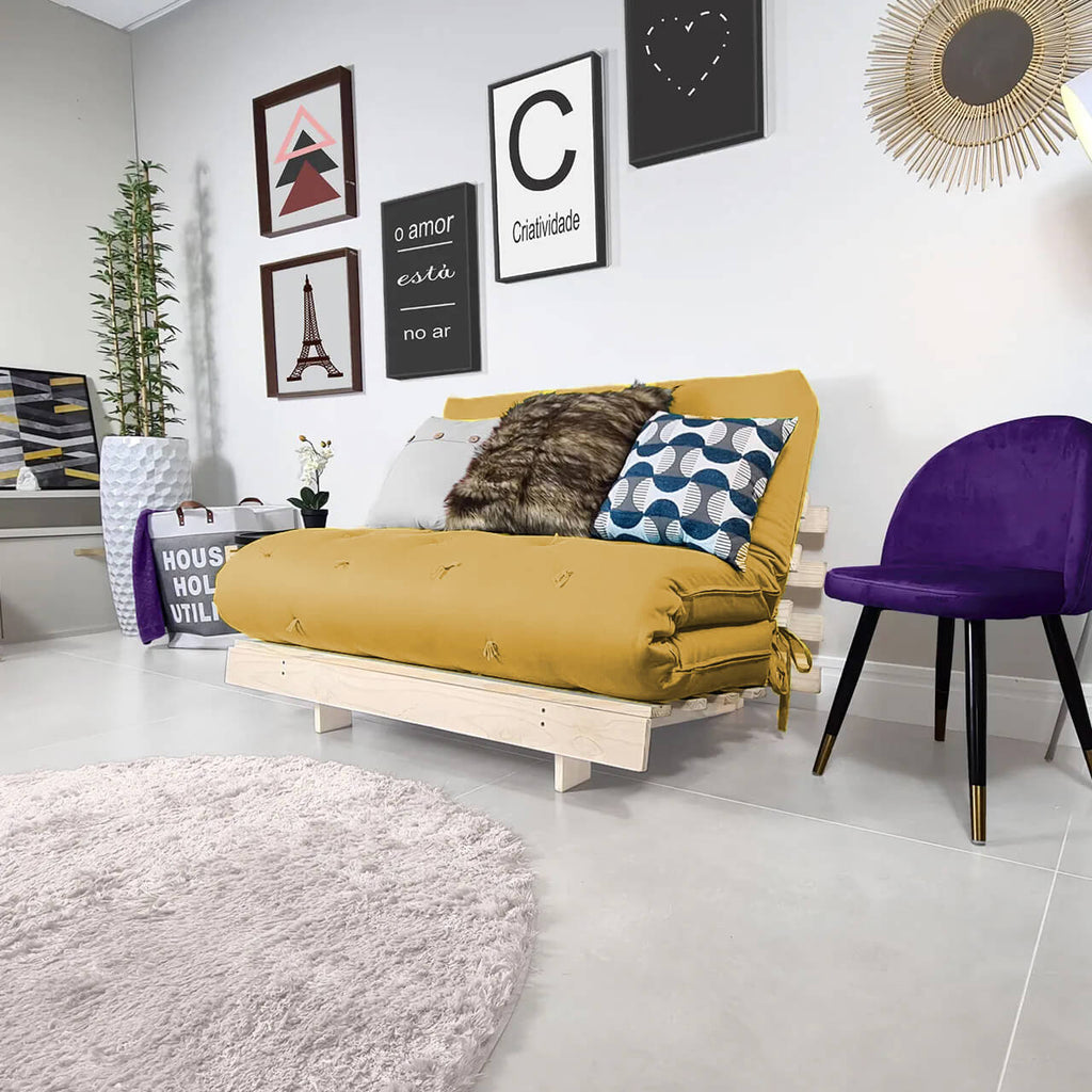 Sofa Cama Futon Casal Tokio Madeira Maciça Acquablock Amarelo