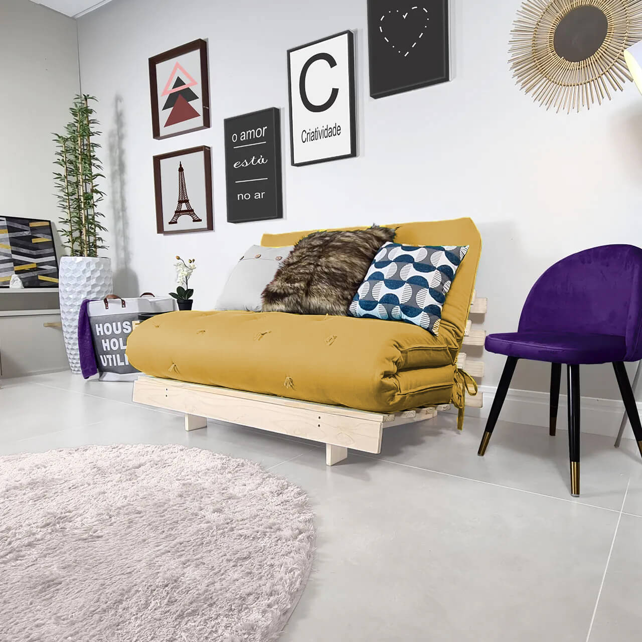 Sofa Cama Futon Casal Tokio Madeira Maciça Acquablock Amarelo