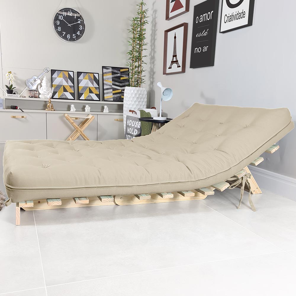 Sofa Cama Futon Casal Tokio Madeira Maciça Sarja Bege